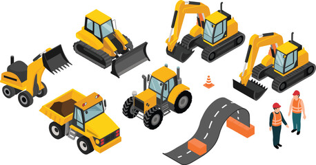 Isometric road construction machinery set with excavators bulldozer dump truck tractor workers asphalt paving for infrastructure development vector illustration design © SreeShoyagini