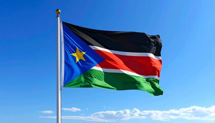 The flag of South Sudan waving proudly in the wind against a clear blue sky, symbolizing national pride, sovereignty, and hope for a bright future. 