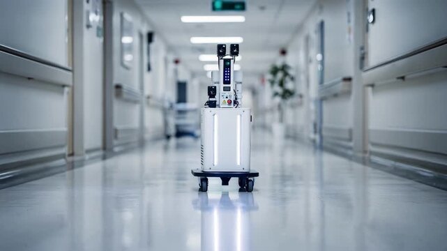 Focused medium shot of a UV tower slowly navigating a hospital hallway during routine cleaning highlighting device sensors while hallway edges are out of focus.