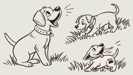 Obraz premium Collection of three hand drawn puppy sketches showing different playful poses and behaviors.