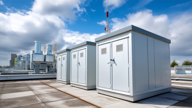 Three grey metal boxes are on a roof