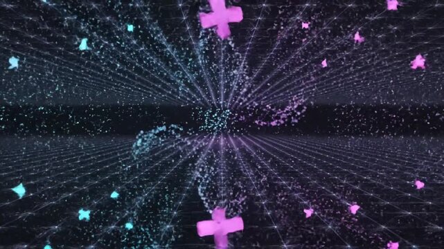 Digital illustration of pink and blue plus signs and stars radiating outward in a symmetrical pattern against a dark background with a sense of depth and dimensionality.