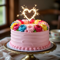 pink cake with a heart sparkler