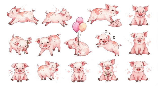 Hand Drawn Watercolor Piglet Icon Collection Artistic Set