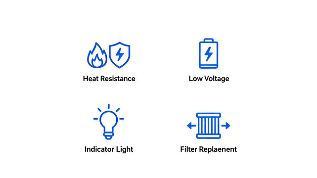 Icons such as heat-resistant shields and indicator lights represent high temperature and low voltage protection, status display, and filter replacement, suitable for electrical equipment scenarios.
