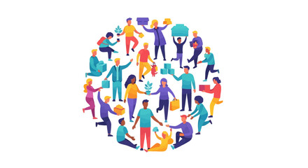 Illustration of diverse people from various professions and ages forming a globe, symbolizing global impact and collaboration for social justice and humanitarian aid on World NGO Day with