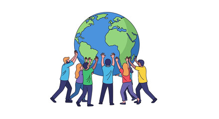 Illustration of diverse people collaborating to support a large globe, symbolizing global impact and community advocacy for social justice and humanitarian aid on World NGO Day with a