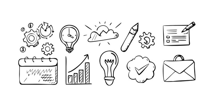 Illustrations of various icons representing business, productivity, and communication. Vector