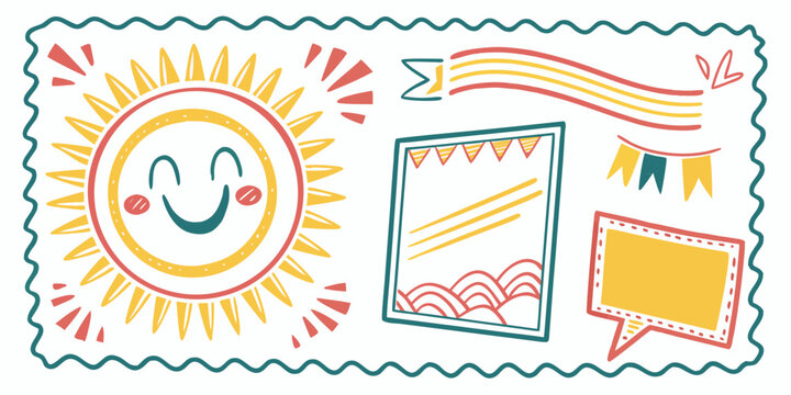 Bright sun icon with a smiley face and a stack of envelopes in the background Vector