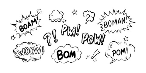 A dynamic illustration of various comic book sound effect words in bold, stylized fonts. Vector © Rabbi