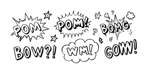 A vibrant collection of comic book sound effect words in various speech bubbles Vector © Rabbi
