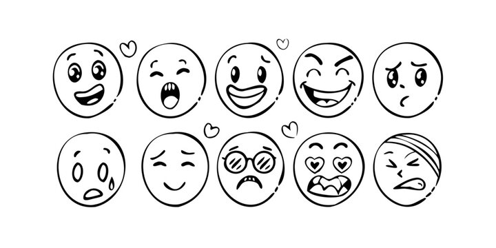 A collection of diverse emoticons expressing various emotions and facial expressions Vector