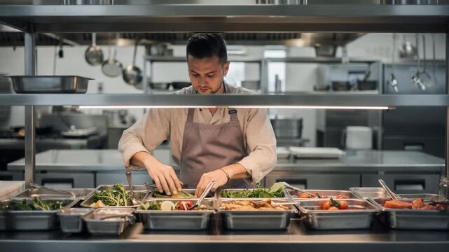 Medium shot of a ghost kitchen workspace showing a chef organizing ingredients at a branded station with other stations and equipment out of focus