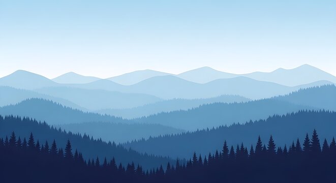 Ilustraci&oacute;n vectorial de monta&ntilde;as, cresta en la neblina de la ma&ntilde;ana, vista panor&aacute;mica
