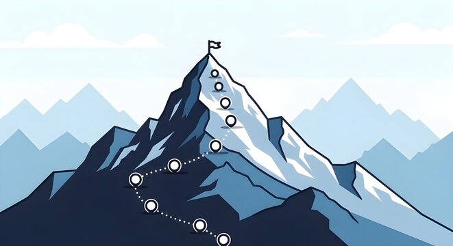 Camino de progresi&oacute;n de monta&ntilde;a.
 Ruta de progreso de escalada, superaci&oacute;n de picos de monta&ntilde;a, ruta de escalada de monta&ntilde;a con bandera roja en la ilustraci&oacute;n vectorial superior.
 Infograf&iacute;a de camino
