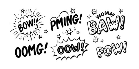 A collection of various comic book sound effect words in bold black letters Vector © Rabbi