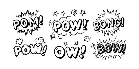 A collection of comic book sound effect words in bold, black letters Vector © Rabbi