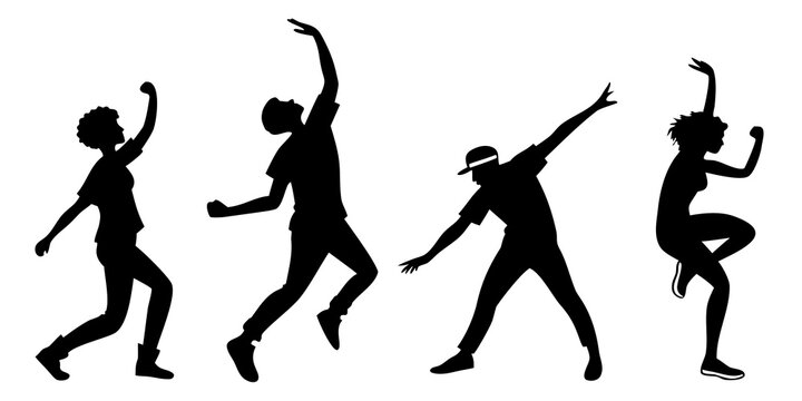 Silhouettes of people dancing in various dynamic poses against a white background Vector