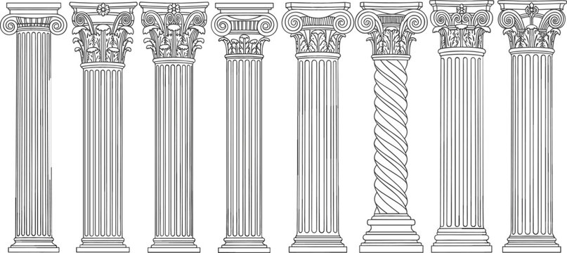 Detailed black and white vector illustration set featuring eight classical Greek and Roman architectural columns and ornate pillars