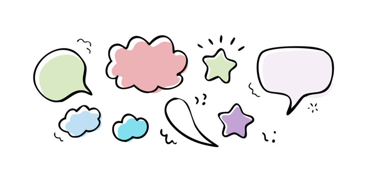 A whimsical illustration of various speech bubbles and thought clouds in different shapes and colors Vector