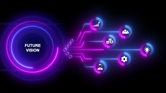 Neon blue Future Vision Concept with Business Icons and Flowchart on Black Background foresight planning