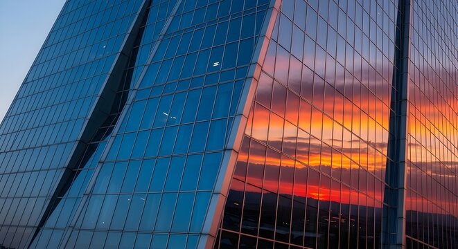 Moderno edificio de oficinas o centro de negocios.
 Los edificios de gran altura hechos de vidrio reflejan las nubes y la puesta de sol.
 calle vac&iacute;a fuera de la pared modernidad civilizaci&oacute;n.
 negoci