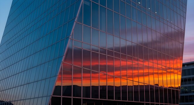 Moderno edificio de oficinas o centro de negocios.
 Los edificios de gran altura hechos de vidrio reflejan las nubes y la puesta de sol.
 calle vac&iacute;a fuera de la pared modernidad civilizaci&oacute;n.
 negoci