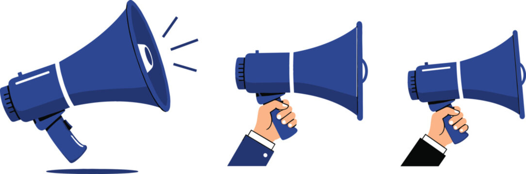 Blue megaphone and bullhorn icon set with hands holding speakers for marketing announcements sales and social media promotion