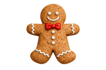 Gingerbread man cookie featuring a red bow tie with white icing decoration for christmas holiday treat, transparent background
