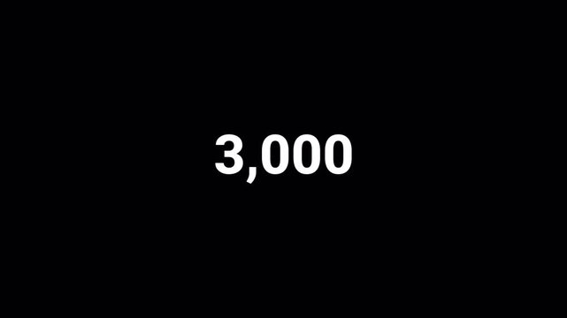 Animated counting Numbers from 0 to 3000  on a black background. counting number on on a transparent background with alpha channel,

