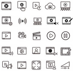 Video icon set line art vector on white background 