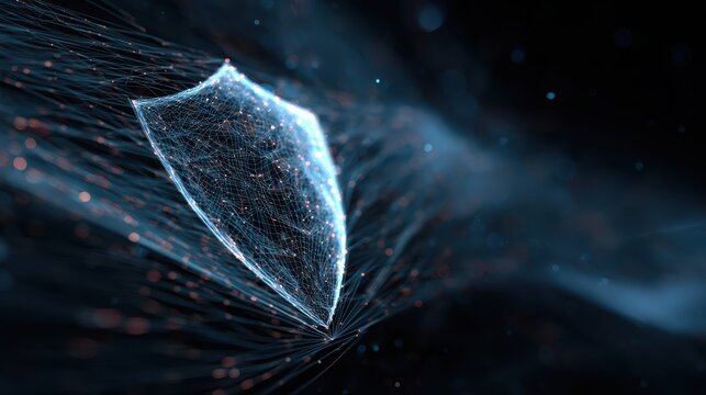 Abstract visualization of a secure shield made of light lines, cybersecurity concept