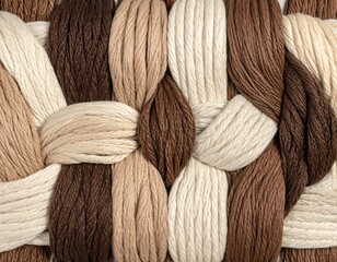 Interwoven strands of neutral toned yarn create a braided pattern, showcasing creamy, tan, and brown hues