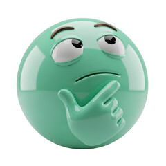 Naklejka premium Thinking emoji character in a contemplative pose with a skeptical expression and glossy green finish on transparent background