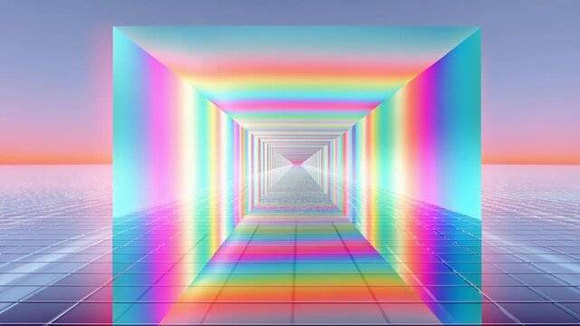 An abstract 3d render of an empty office hall featuring colorful glass walls and columns illuminated by light to create a modern architectural business space concept