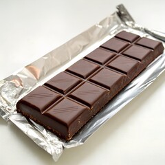 Obraz premium A tempting dark chocolate bar unwrapped in its shiny silver foil packaging, showcasing the rich texture and indulgence of pure chocolate.