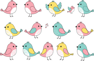 Cute Cartoon Birds Collection in Pastel Colors Singing and Standing Isolated on White Background Kawaii Style Vector Illustration Set