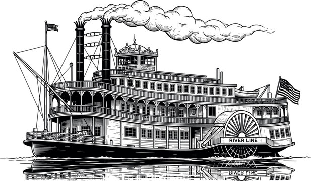 Vintage black and white illustration of a classic Mississippi river paddle steamer boat with smoke stacks and water reflection for nautical history.
