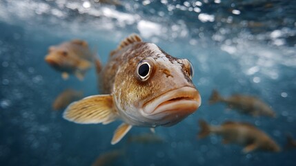 A focused underwater view of a single fish swimming forward amidst a school in the blue ocean