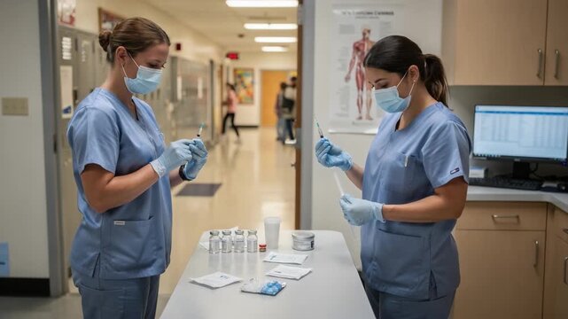 Healthcare worker preparing vaccination supplies in a vocational school health office with the busy school environment out of focus behind.