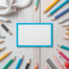 Back to school concept with blank mockup card for text surrounded by bright drawing pencils on white background, educational theme