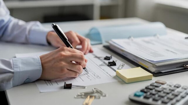 Close medium shot of individual completing clerical tasks focusing on hand movements manipulating office supplies with soft defocused surroundings.