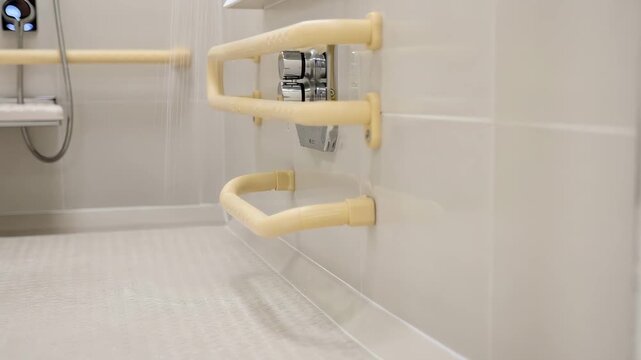 Medium shot highlighting a dementiasensitive assisted shower tactile grab bars and slipresistant flooring in sharp relief the background muted and out of focus.