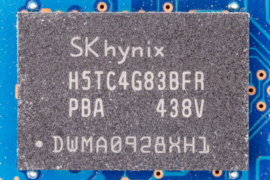 Sk hynix semiconductor microchip on blue circuit board