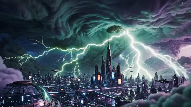 Neon skyline beneath electric violet storm, towering spires and swirling clouds ripped by green lightning, distant hovering craft above illuminated streets, panoramic cyberpunk cityscape,