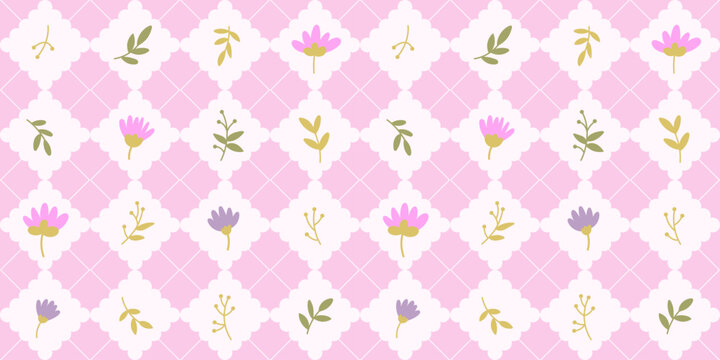 Seamless pattern with rhombus shapes and cute floral details like tiny leaves and flowers on a soft pink and white background. Sweet, gentle design with a girly feel.