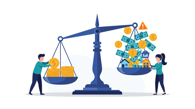 Large scales balancing gold coins against family expenses like housing and utilities representing cost of living.
