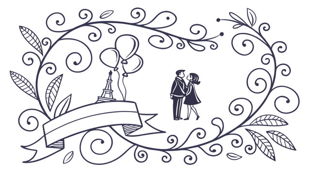 An intricate vine frame surrounds a small couple holding hands next to an Eiffel Tower sketch with balloons and a blank banner.