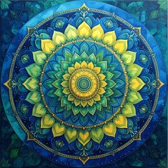 Intricate circular mandala in blues, yellows, and greens, creating a calming symmetrical floral-like pattern