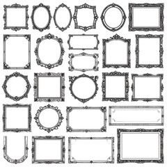 Intricate collection of varied, decorative frames, ornate and antique-styled, in various shapes isolated on white